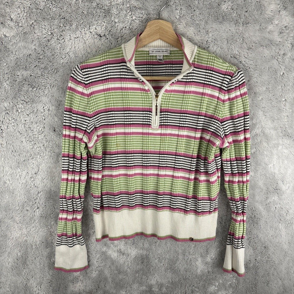 St. John Sport Women's 1/4 Zip Long Sleeve Striped Sweater Size Small Flaw*